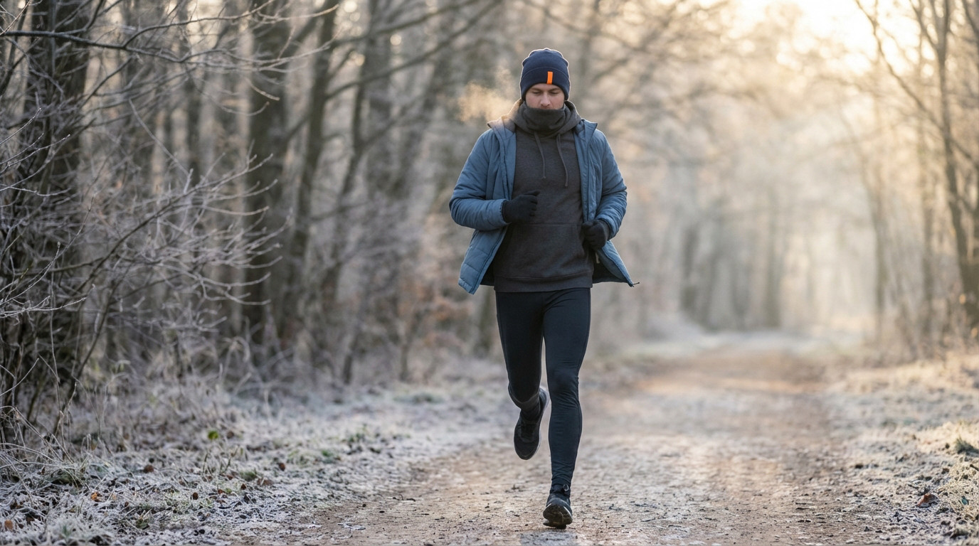 A gender-neutral runner in blue winter gear and orange-striped beanie runs on a frosty forest path. Breath vapor visible in soft winter light.