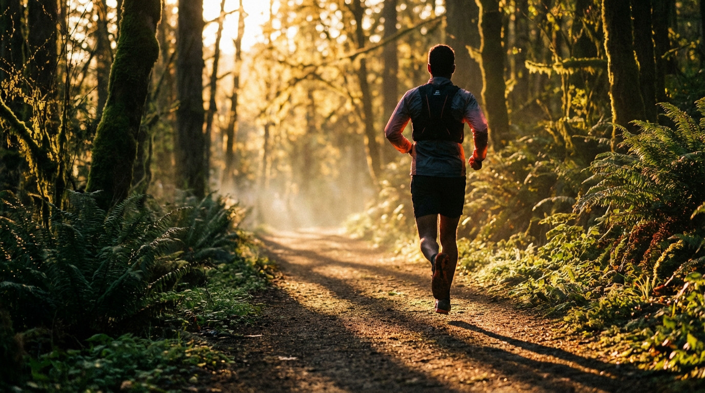 Rear view of a runner on a sunlit forest trail at dawn, surrounded by lush green foliage and soft golden light.