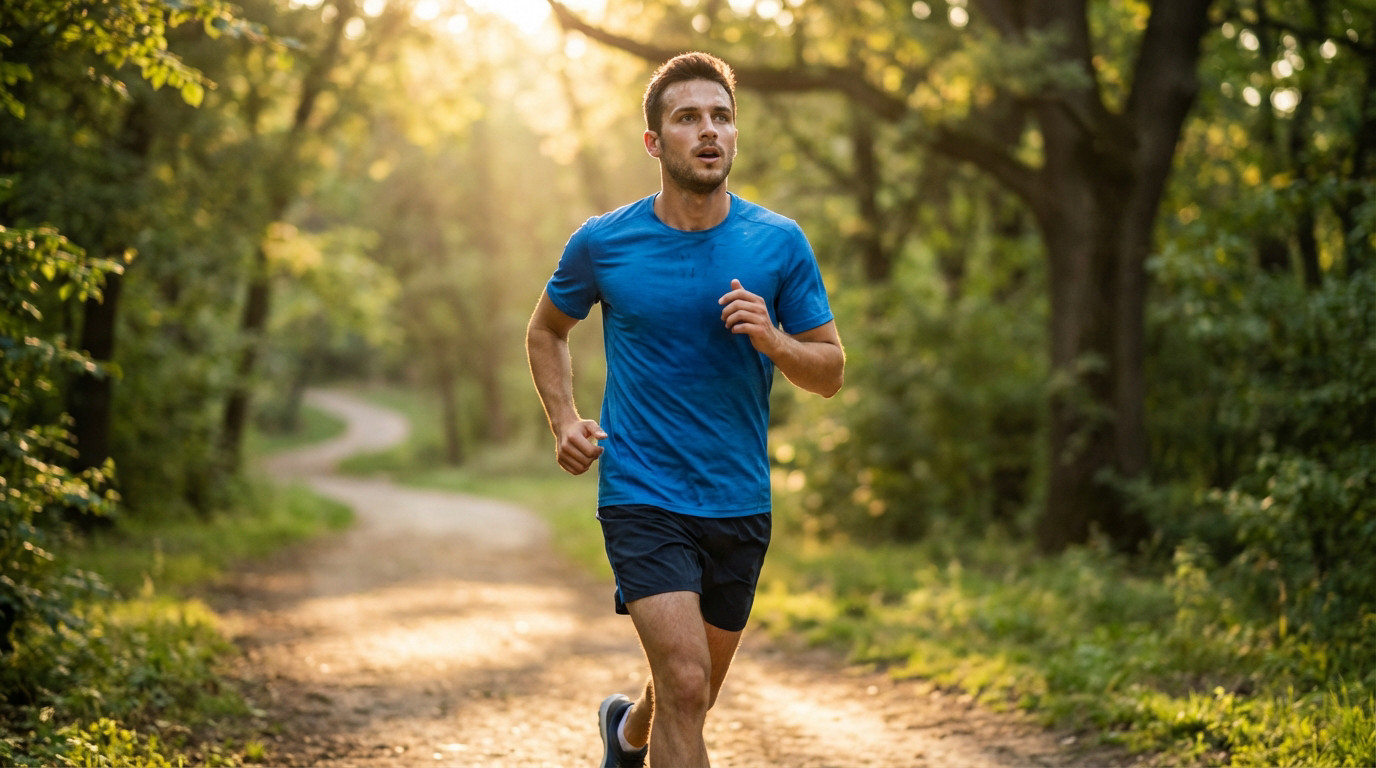 A focused male runner in a blue shirt and dark shorts, mid-stride on a sunlit park trail, conveying effort and determination.