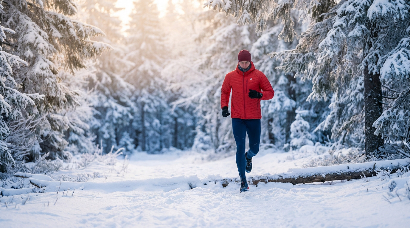 A runner in vibrant red and blue gear on a pristine, snow-covered forest path during an early morning, sunlit winter run.