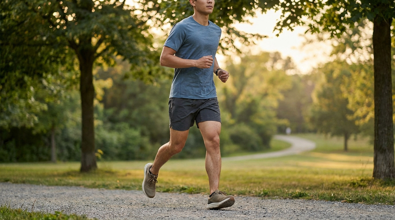 An individual runs with focused expression on a park path during late afternoon. Wearing blue-gray sportswear, soft golden light.