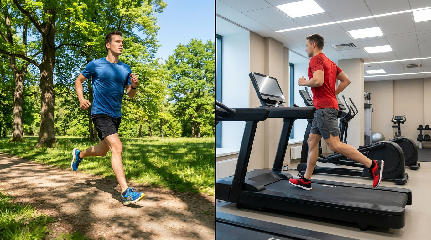 Split image showing a man running outdoors on a park path and another man running on a treadmill in a gym.