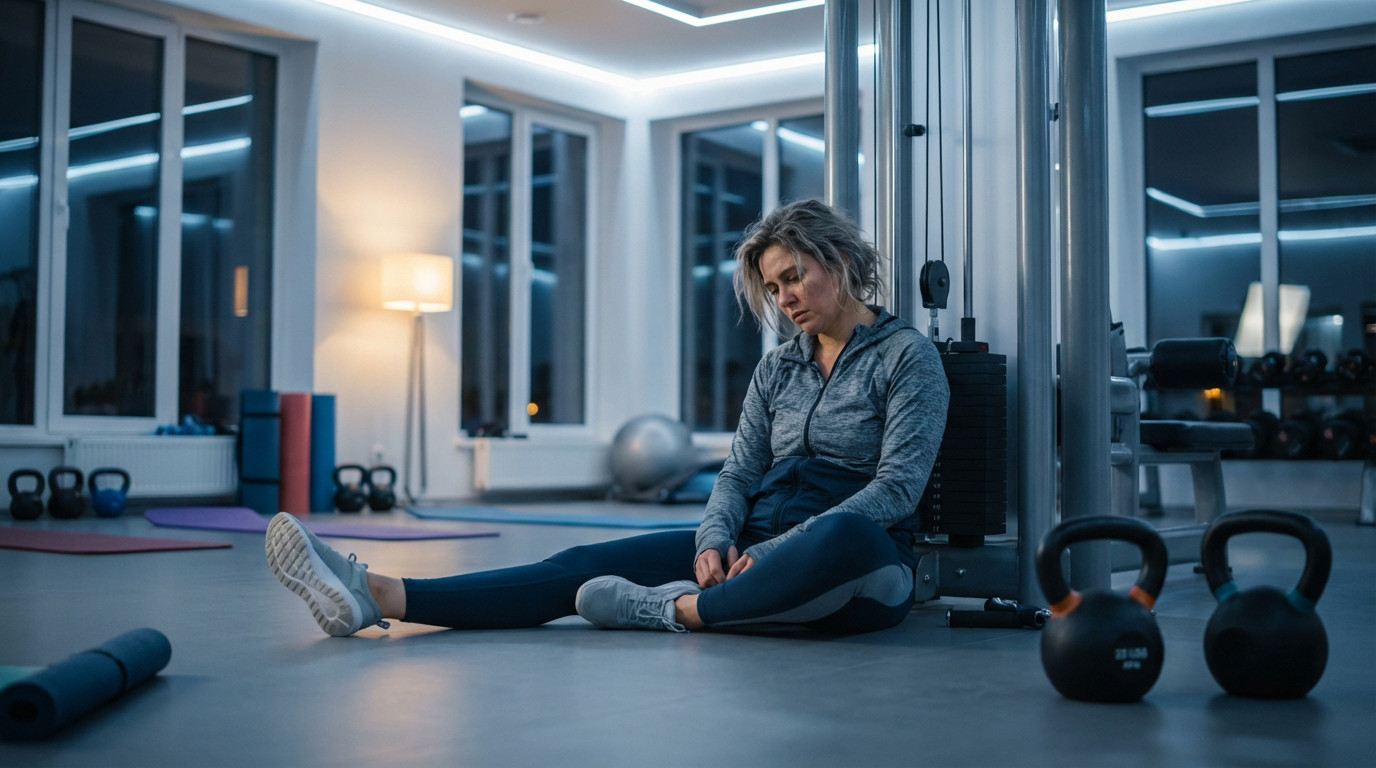 A person in athletic wear sits slumped on a modern gym floor, utterly exhausted post-workout.
