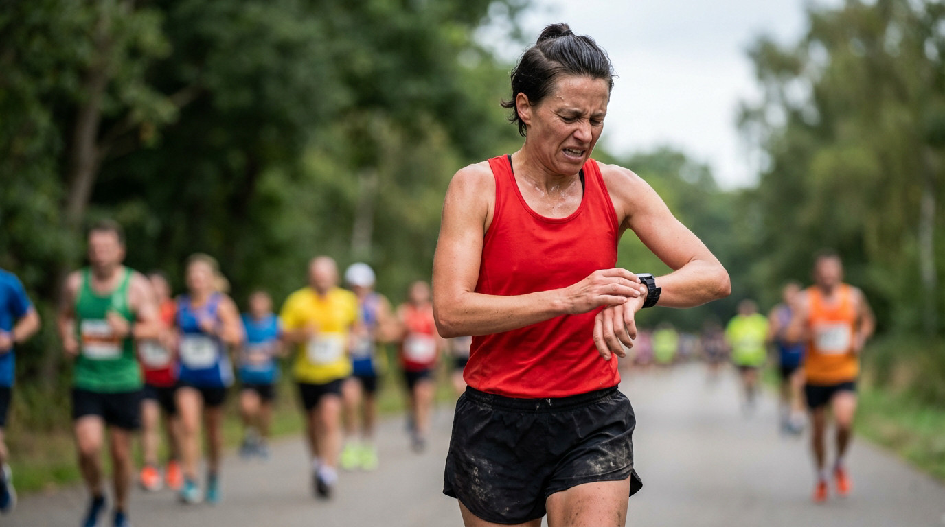 A determined yet frustrated female runner, sweat-soaked in a red top, checks her sports watch mid-race on an outdoor path.